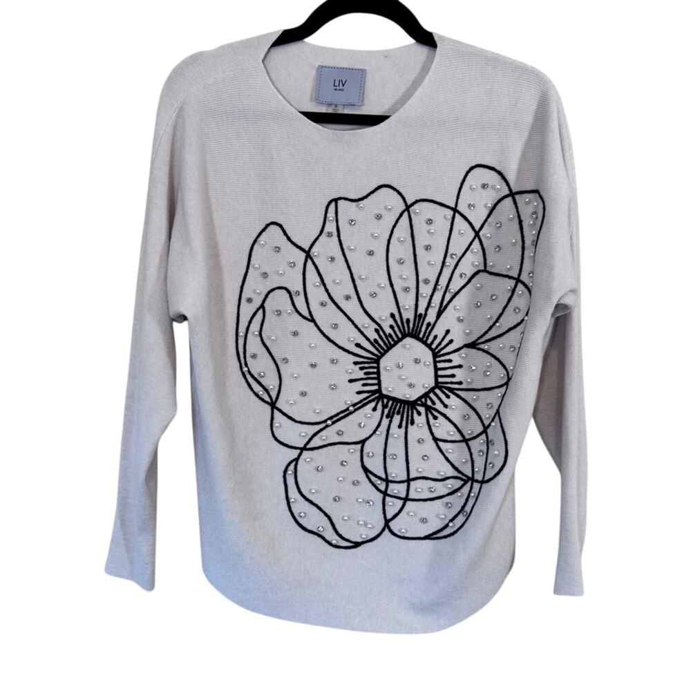LIV Milano Cream Black Flower Print Rhinestone Pearl Sweater Womens S Casual
